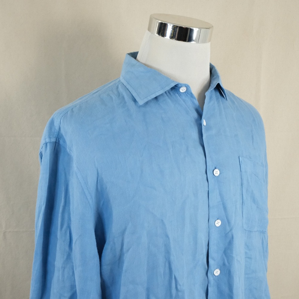 johnnie-O Large Hangin Out 100% Linen Button Front Shirt Blue Casual Mens